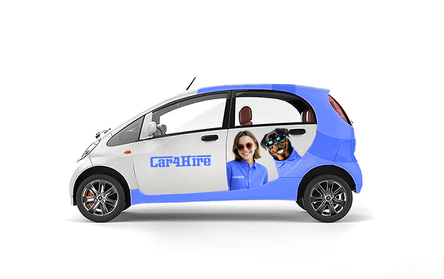 car4hire - small rental blue car with logo